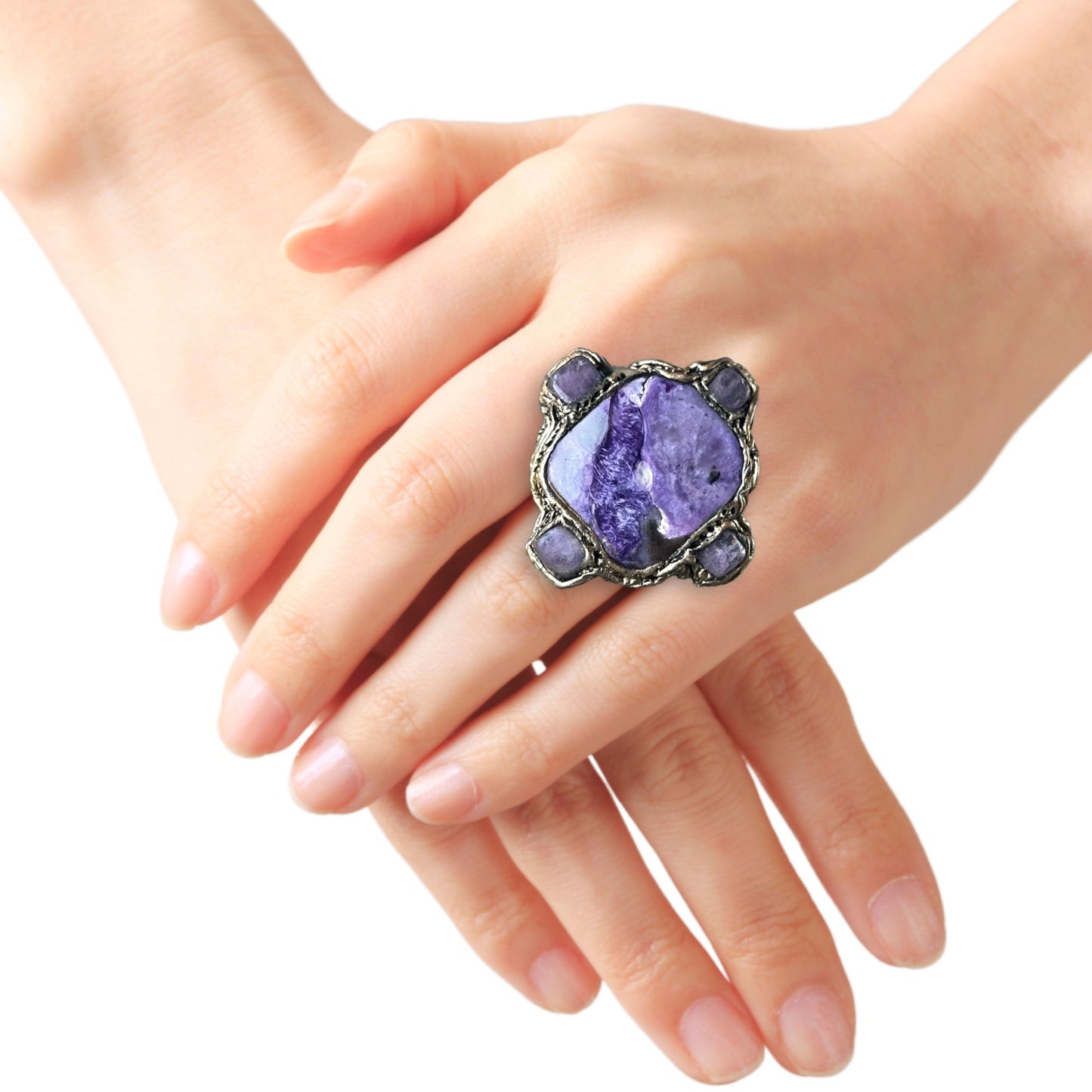 Large Charoite and Chalcedony Stone Ring, Chunky Purple Crystal Cocktail Ring