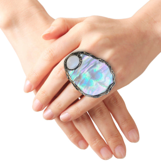 Mother of Pearl & Quartz Ring, Bold White Cocktail Chunky Ring