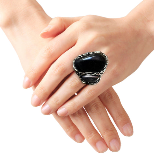 Obsidian and Hematite Black Large Stone Ring, Chunky Big Cocktail Ring