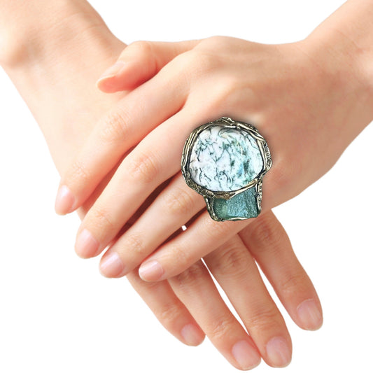 Green Stone Chunky Ring with Aventurine & Tree Agate – Statement Cocktail Ring
