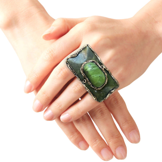 Chunky Jade Green Statement Ring - Bold Contemporary Modern Oversized Cocktail Jewelry
