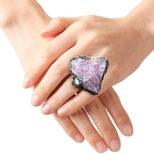 Chunky Raw Rose Quartz & Pearl Ring, Oversized Bold Pink Stone Cocktail Ring
