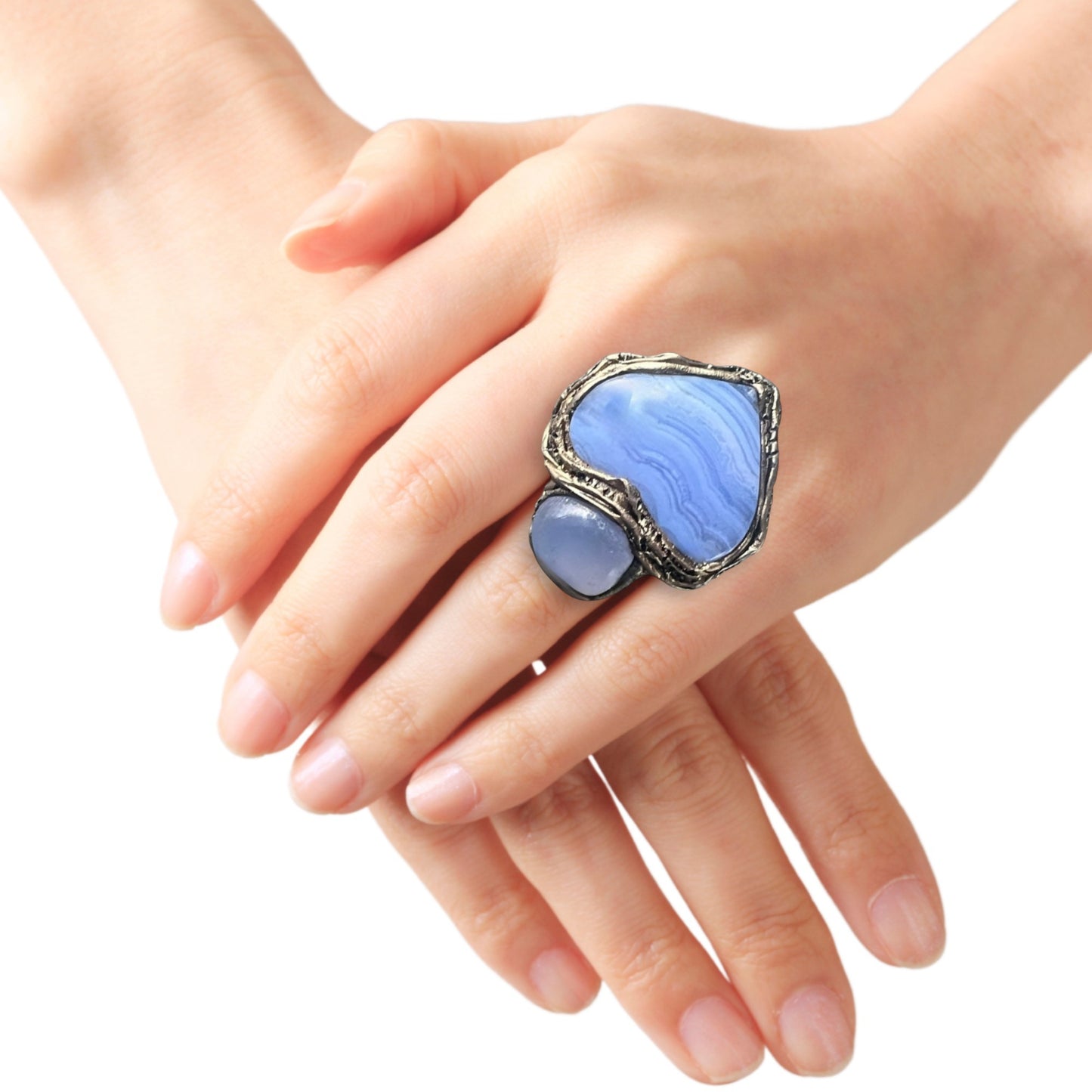 Blue Heart Ring with Agate & Chalcedony  - Statement Chunky Gemstone Jewelry