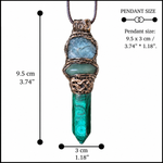 Malachite, Green Aventurine and Fluorite pendant necklace with green gemstones and crystal point in a handcrafted sculptural setting.