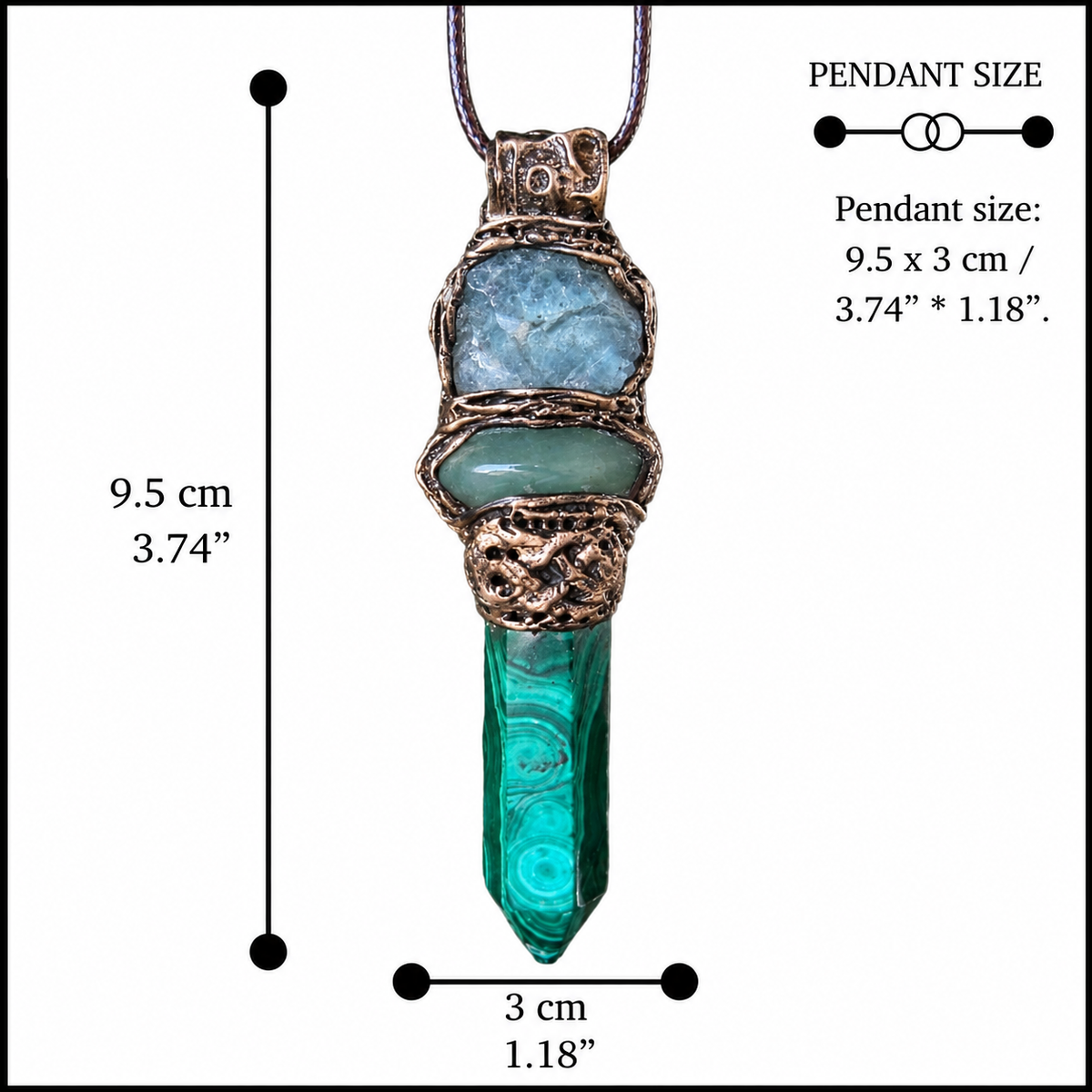 Malachite, Green Aventurine and Fluorite pendant necklace with green gemstones and crystal point in a handcrafted sculptural setting.
