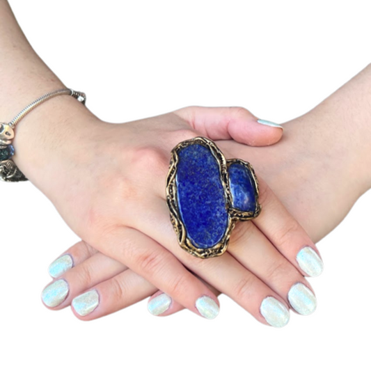 Lapis Lazuli Big Stone Chunky Boho Ring, Blue Large Cocktail Ring