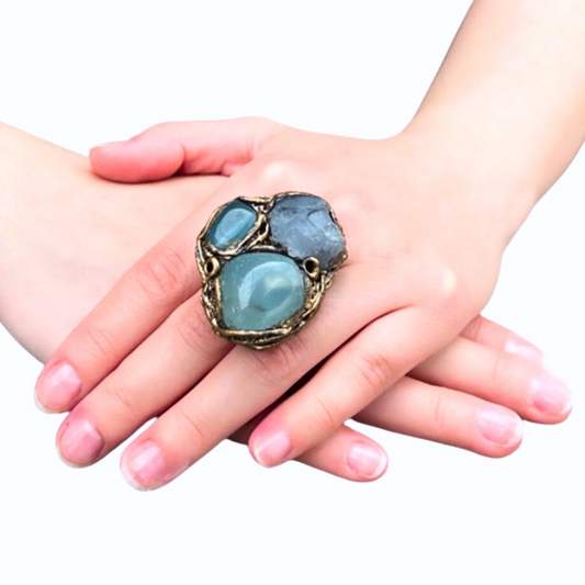 Celestite, Blue Onyx and Chalcedony Raw Crystal Chunky Large Three Stone Ring