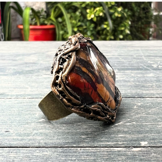 Chunky Tiger Iron Jasper Big Stone Ring, Statement Large Cocktail Ring of Bold Elegance