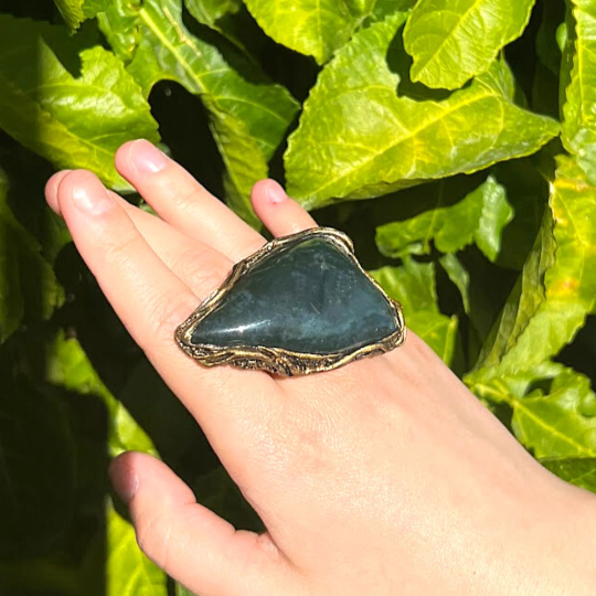 Moss Agate Chunky Big Green Stone Ring, Huge Triangle Large Cocktail Ring for New Beginnings