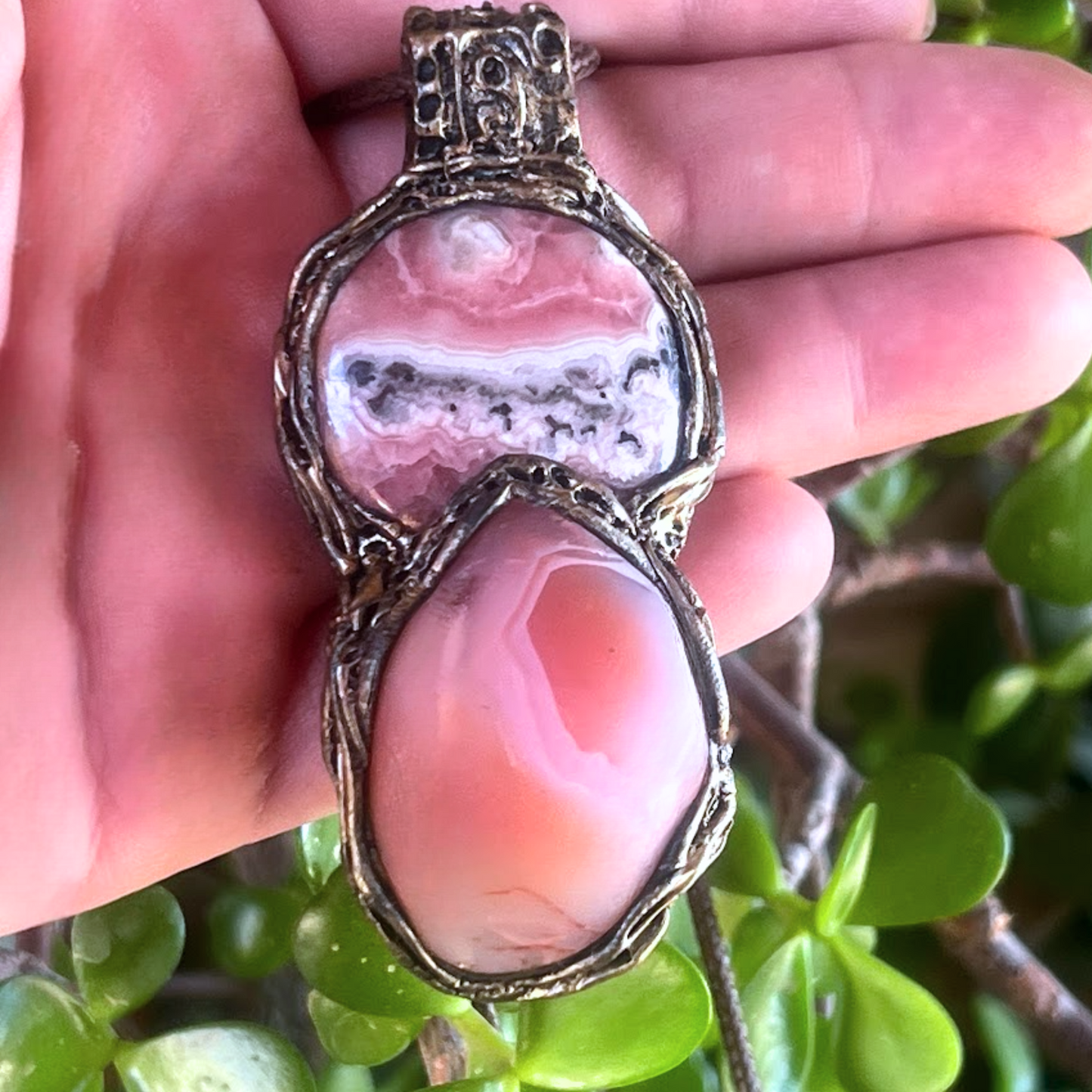 Rhodochrosite & Peach Agate Crystal Necklace - Chunky Pink Pendant, Love Amulet