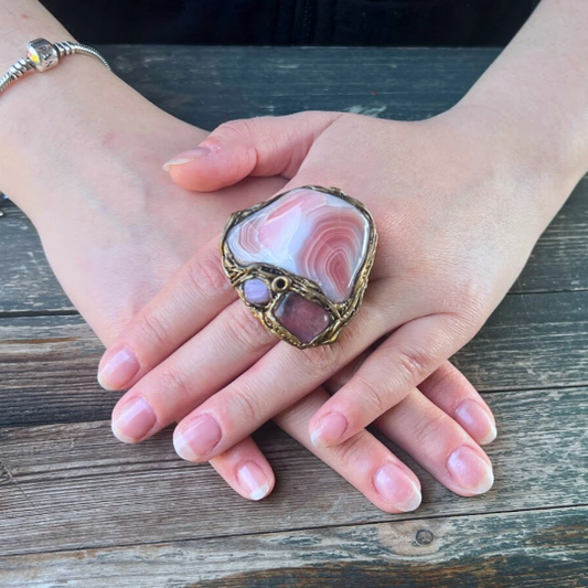 Large Pink Agate and Cherry Quartz chunky crystal ring, big stone boho ring