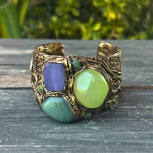 Onyx, Chalcedony, and Aventurine Raw Green Stone Cuff Bracelet, Chunky Boho Healing Crystal Bracelet for Positive Vibes