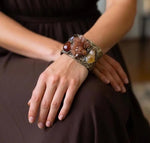 Aragonite, Citrine and Carnelian wide cuff bracelet, raw crystal statement jewelry.