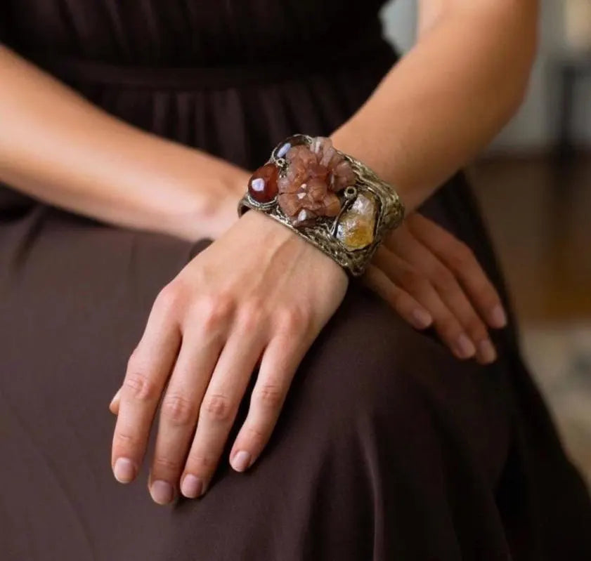 Aragonite, Citrine and Carnelian wide cuff bracelet, raw crystal statement jewelry.