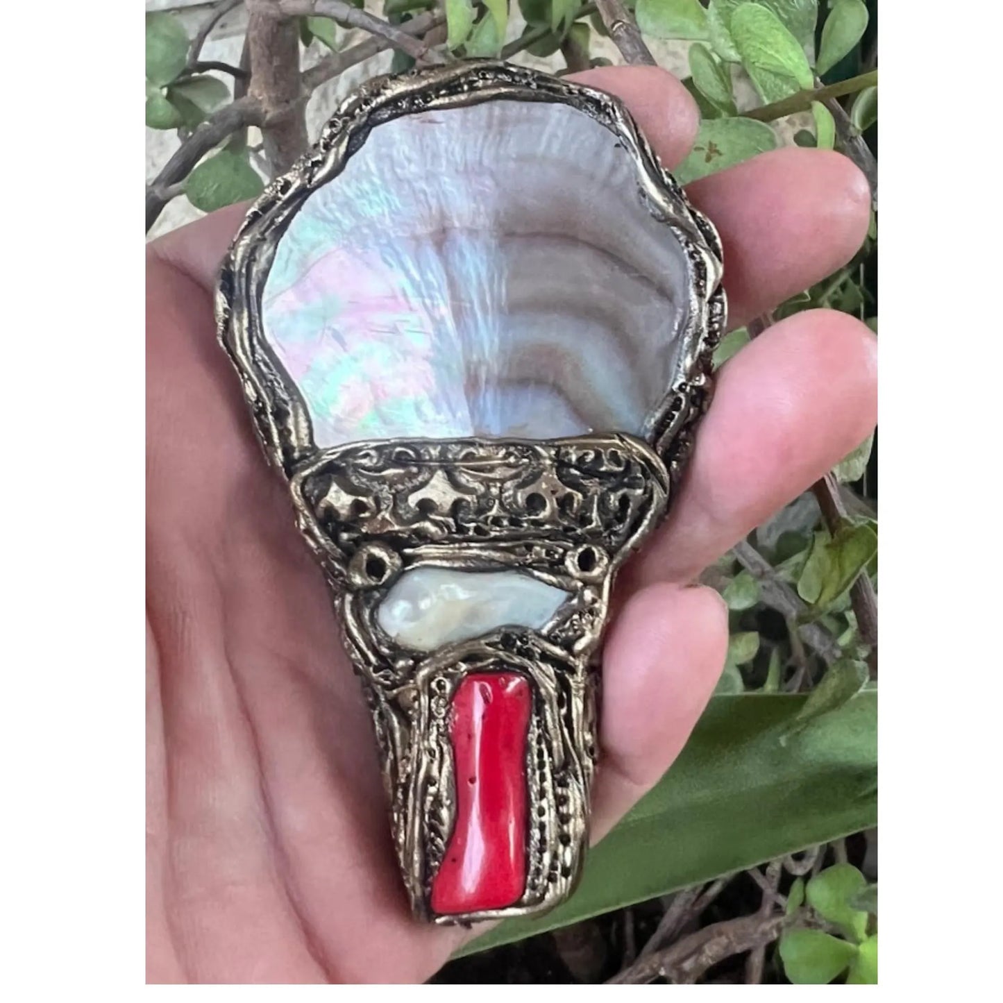 Mother of Pearl Brooch with Coral & Baroque Pearl - Unique Gift for Her