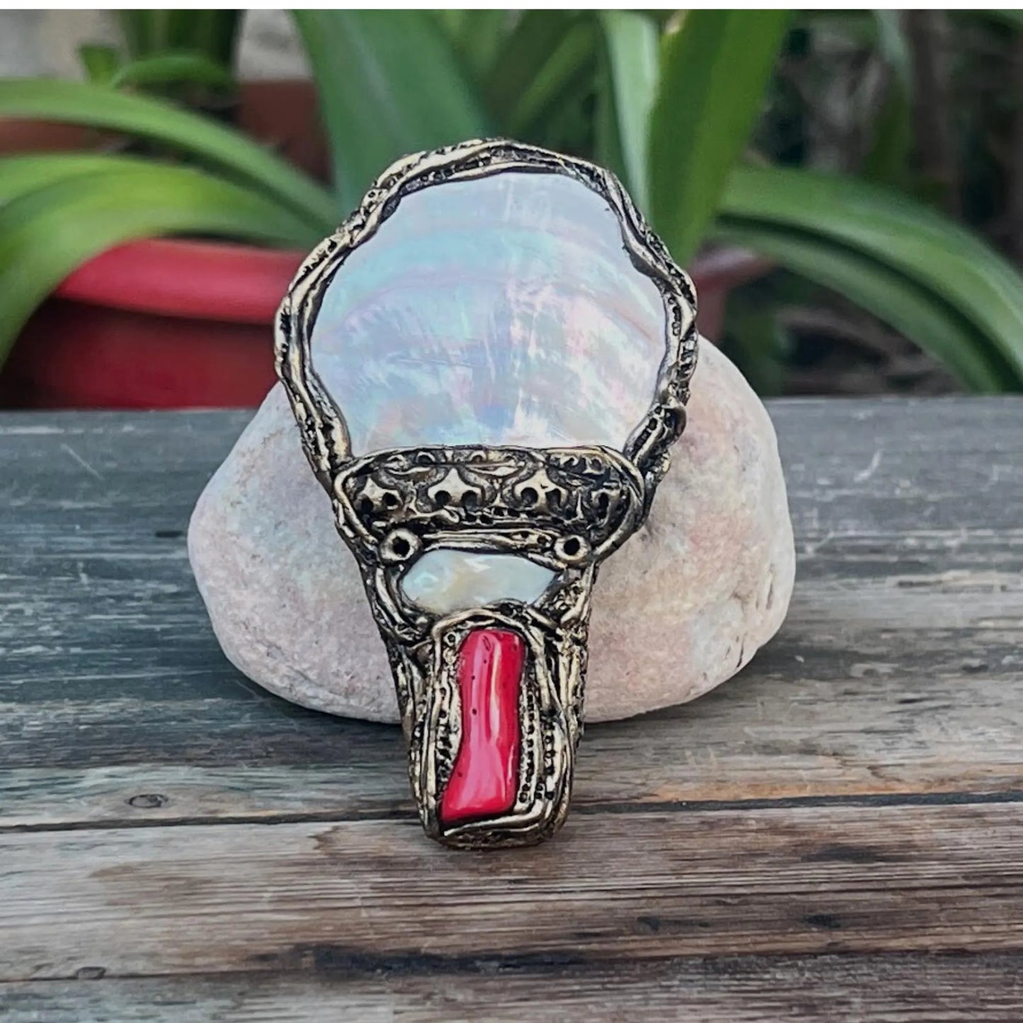 Mother of Pearl Brooch with Coral & Baroque Pearl - Unique Gift for Her