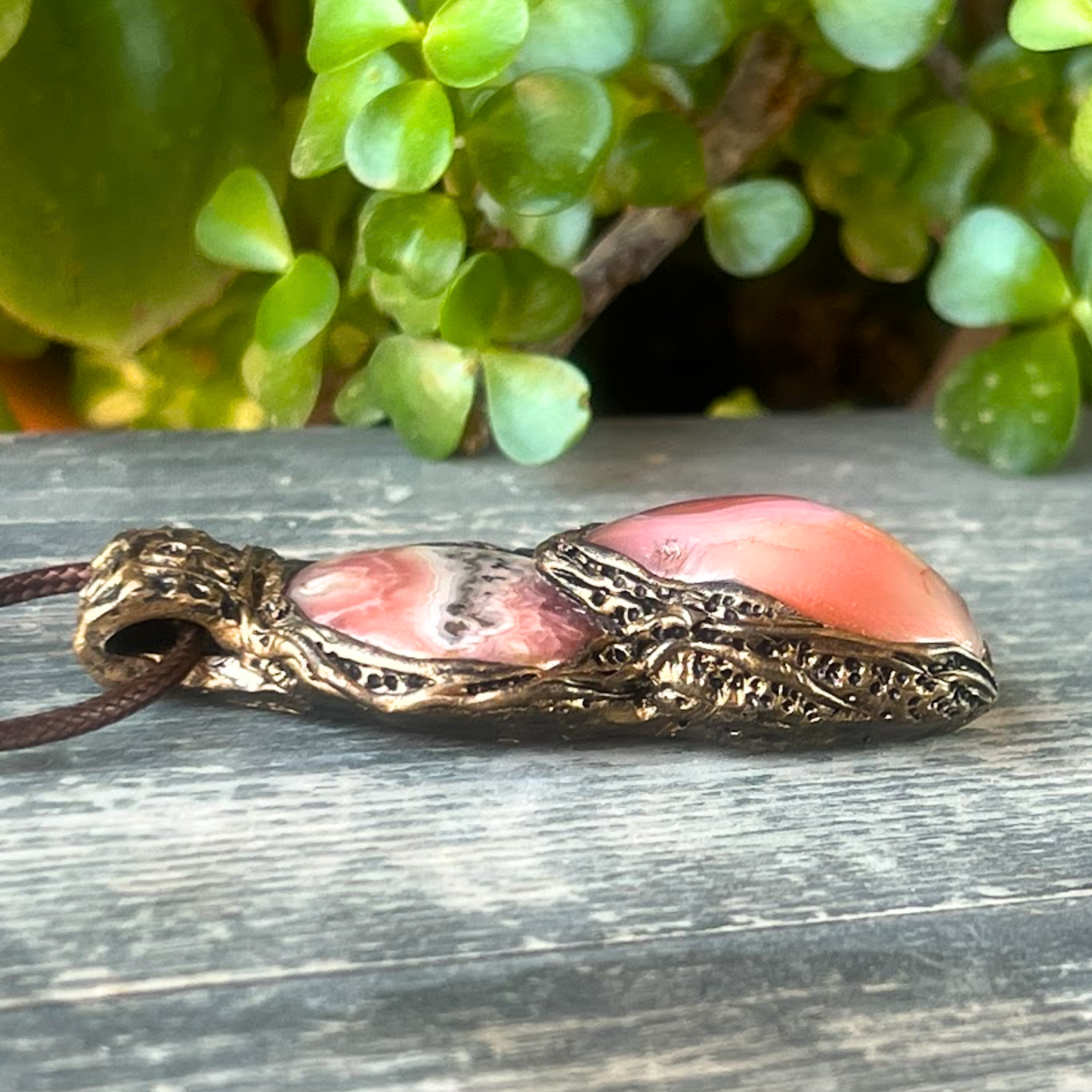 Rhodochrosite & Peach Agate Crystal Necklace - Chunky Pink Pendant, Love Amulet