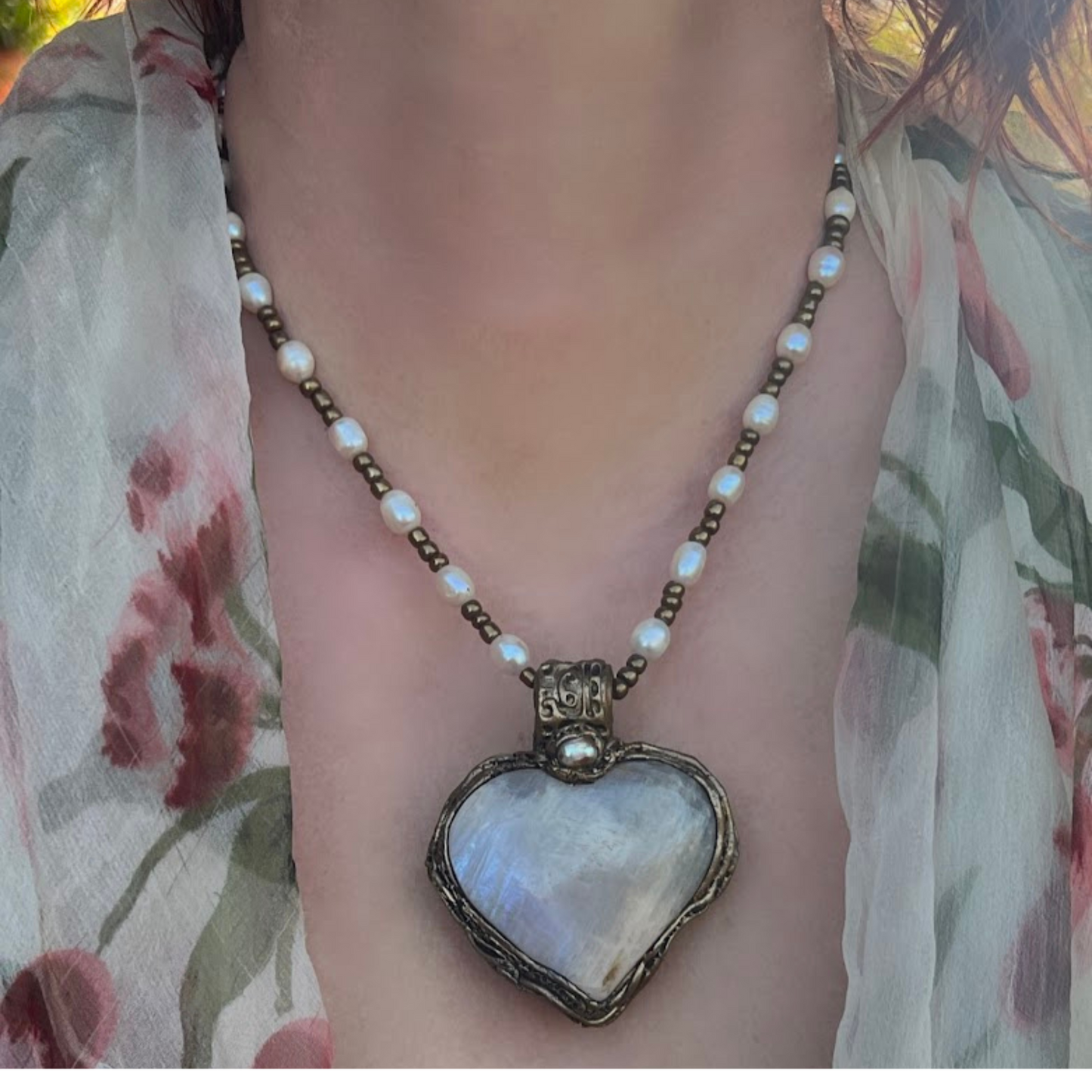 Rainbow Moonstone Large Heart Stone Pendant Necklace