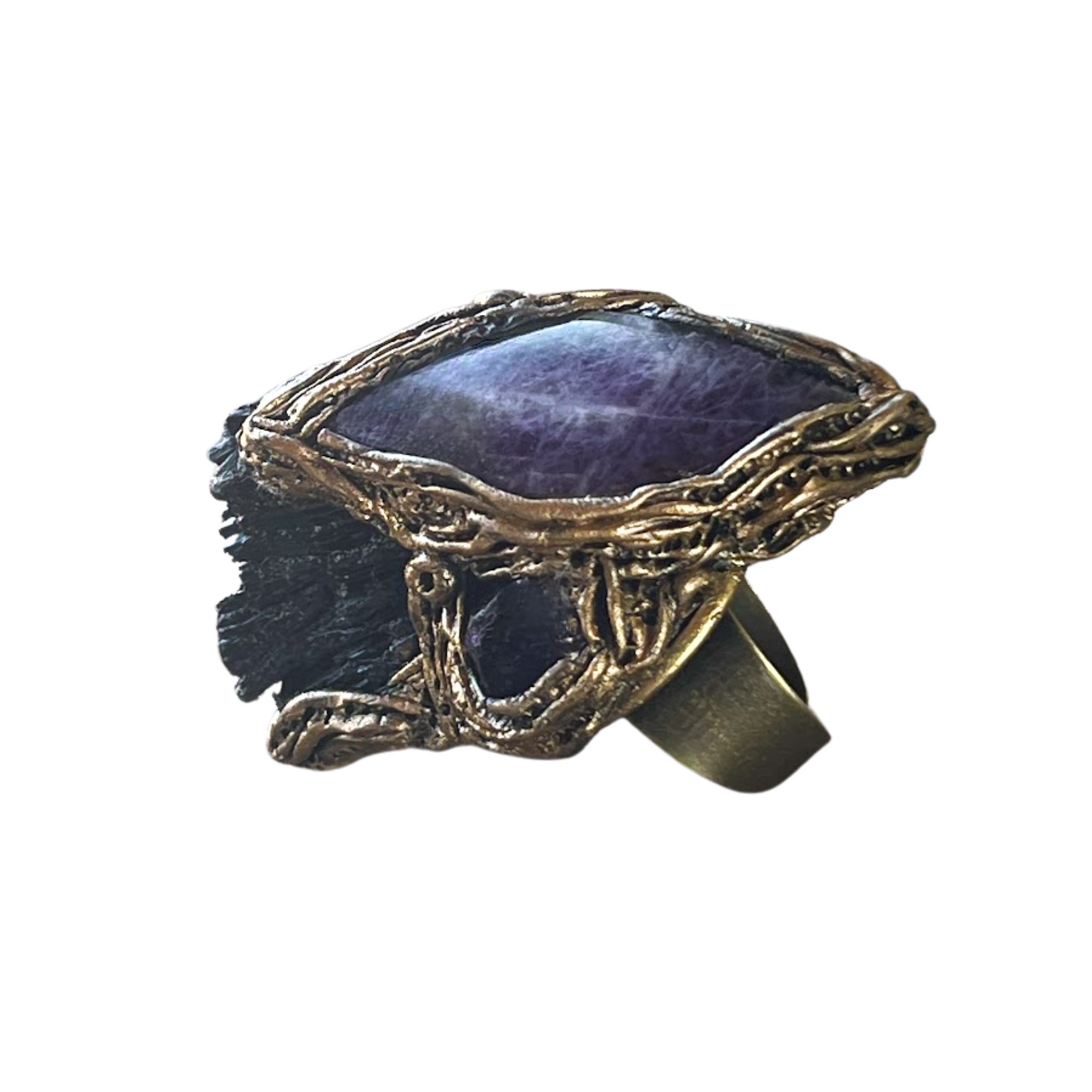 Chunky Black Kyanite & Amethyst Ring – Extravagant Unique Statement Jewelry