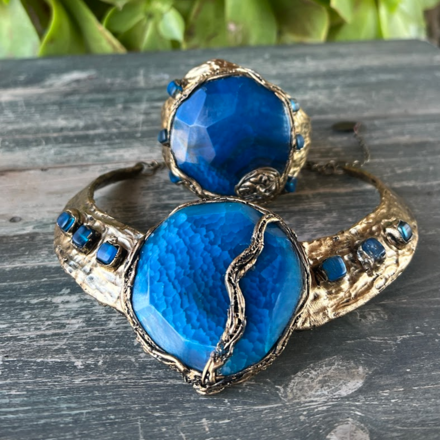 Large Cuff Blue Agate Bracelet – Chunky Gemstone Statement Jewelry