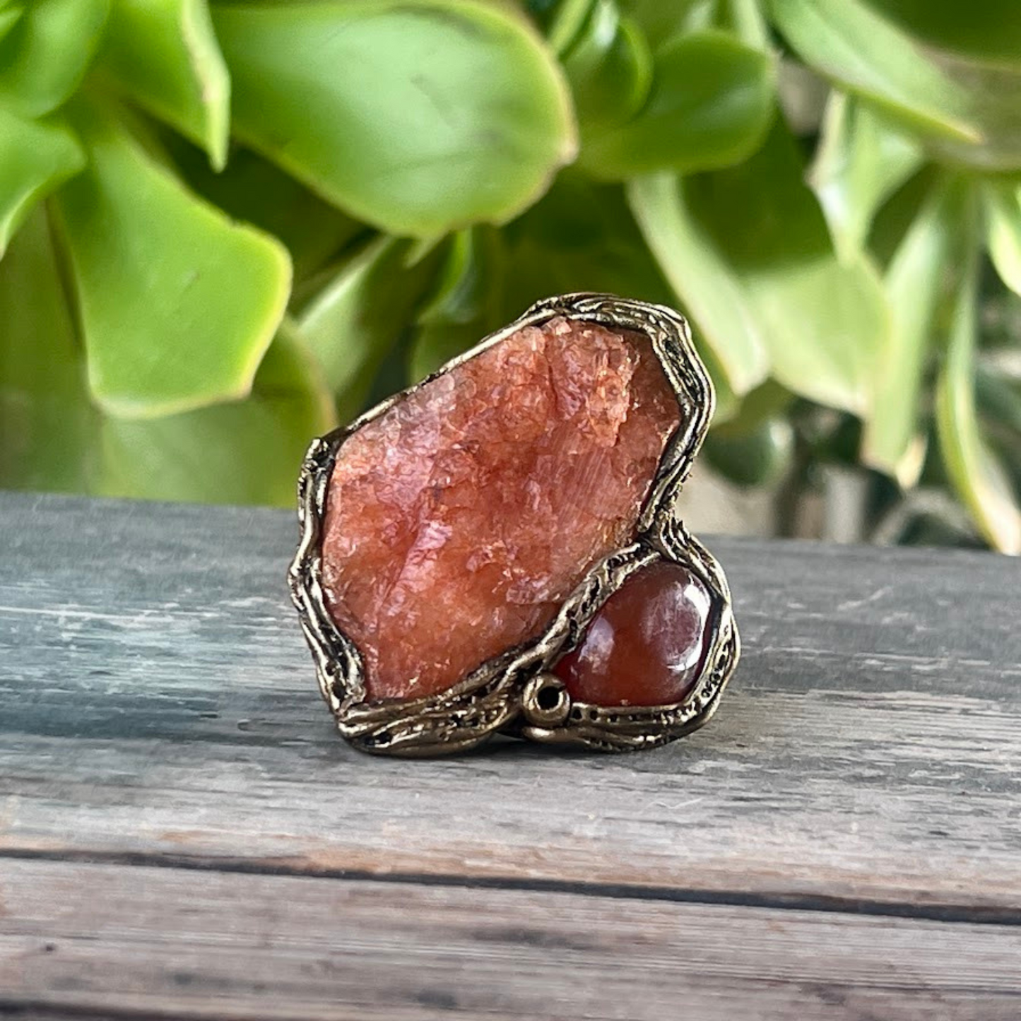 Orange Calcite & Carnelian Ring - Chunky Gemstone Jewelry