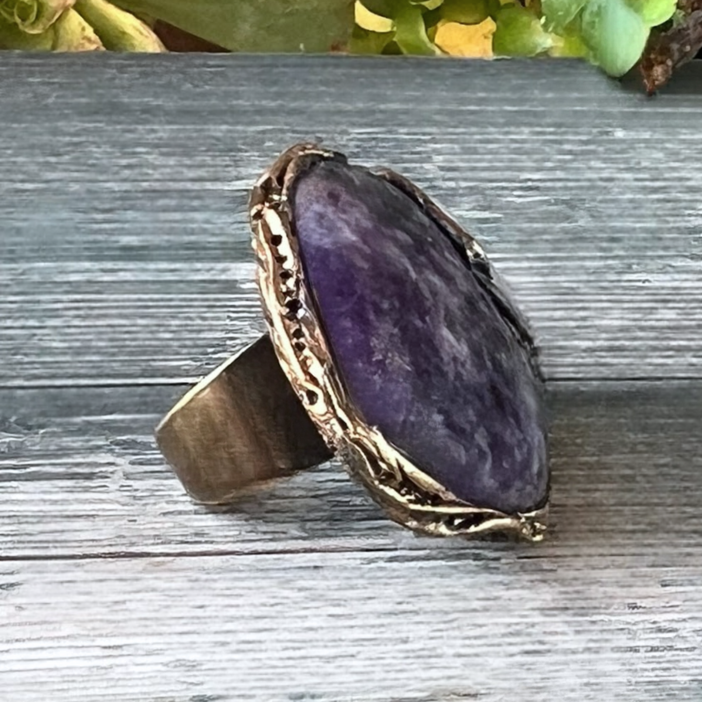 Chunky Charoite & Rose Quartz Ring, Purple and Pink Statement Gemstone Ring
