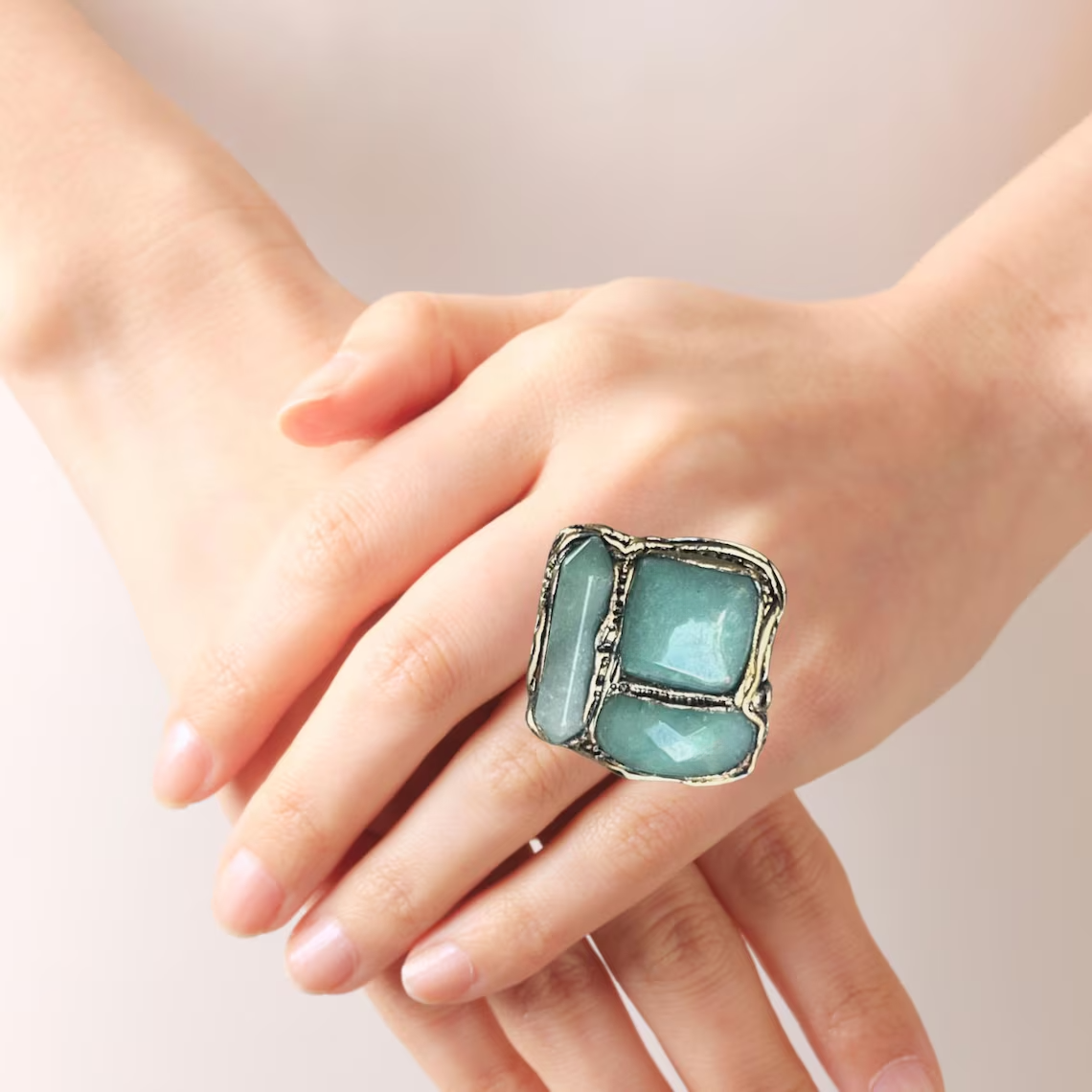 Green Stone Chunky Ring with Aventurine, Boho Cocktail Statement