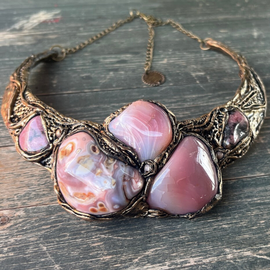Pink Botswana Agate and Rhodonite Chunky Raw Crystal Artistic Necklace, Statement Collar Choker