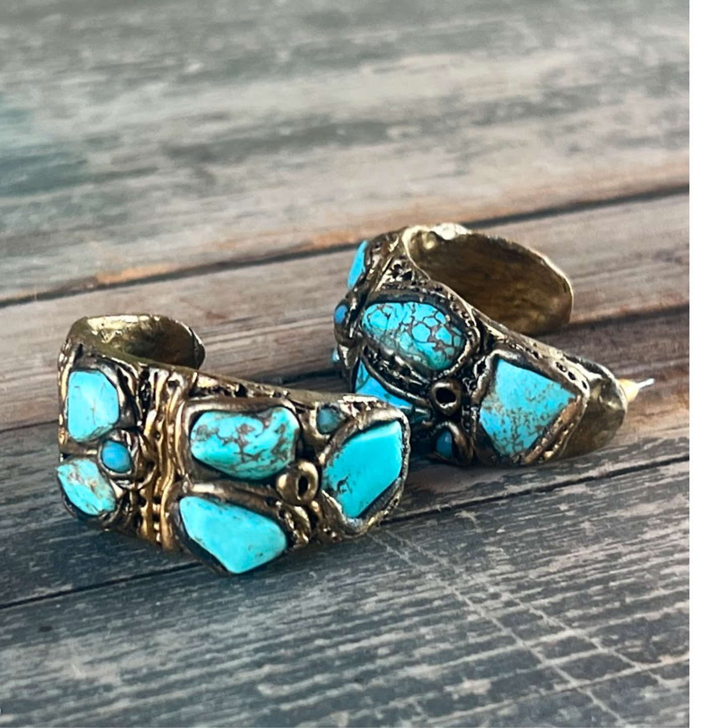 Chunky Turquoise Hoop Earrings - Boho Statement Jewelry Gift for Her