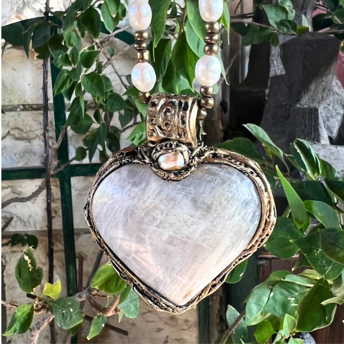 Rainbow Moonstone Large Heart Stone Pendant Necklace