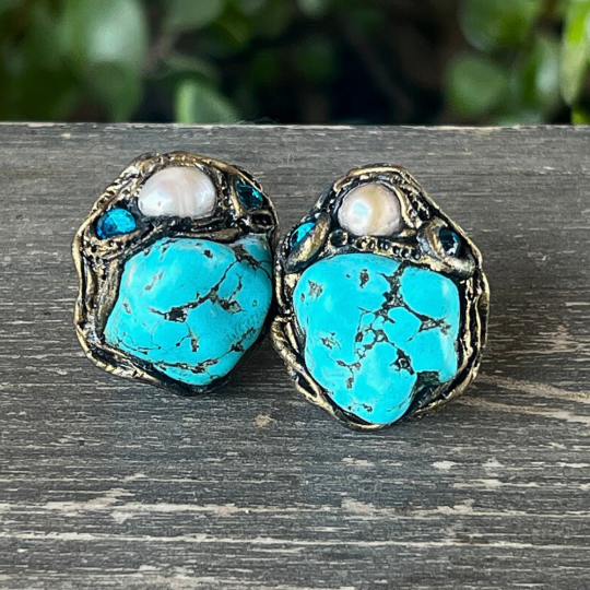 Turquoise Earrings with Pearls, Boho Gemstone Stud Earrings, Unique Gifts for Her