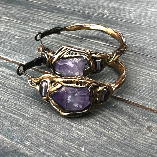 Amethyst Raw Crystal Hoop Earrings, hoop earrings with stones, purple lavender earrings