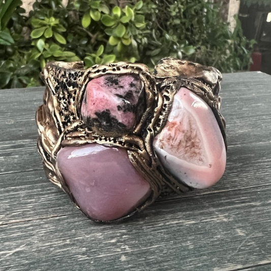 Botswana Agate and Rhodonite Pink gemstone cuff bracelet