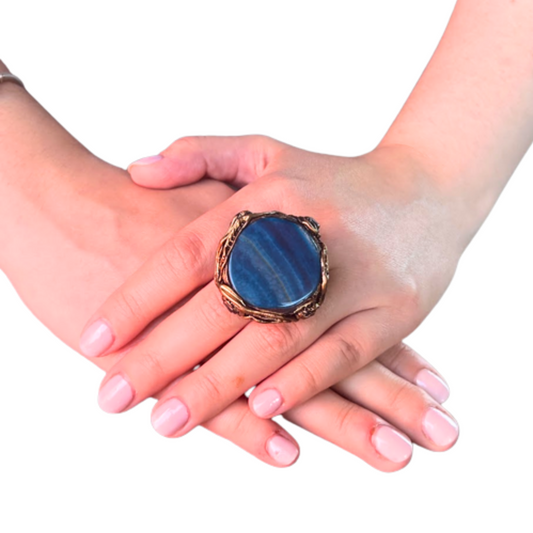 Blue Agate and Hematite Chunky Stone Large Cocktail Ring