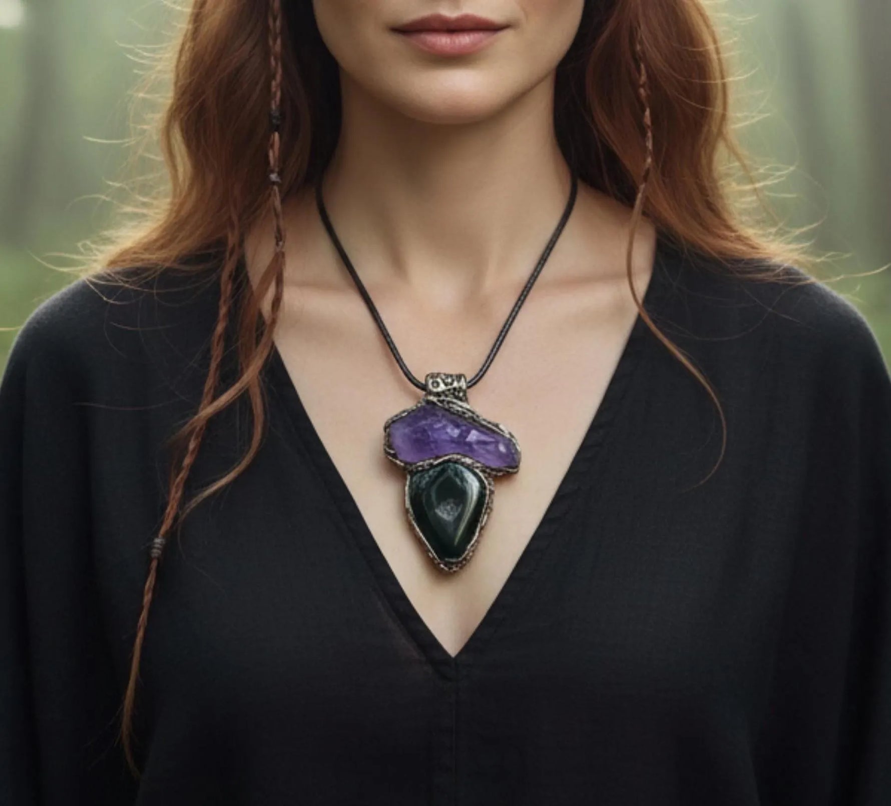 Amethyst & Druzy Onyx Pendant Necklace - Protection Crystal Amulet