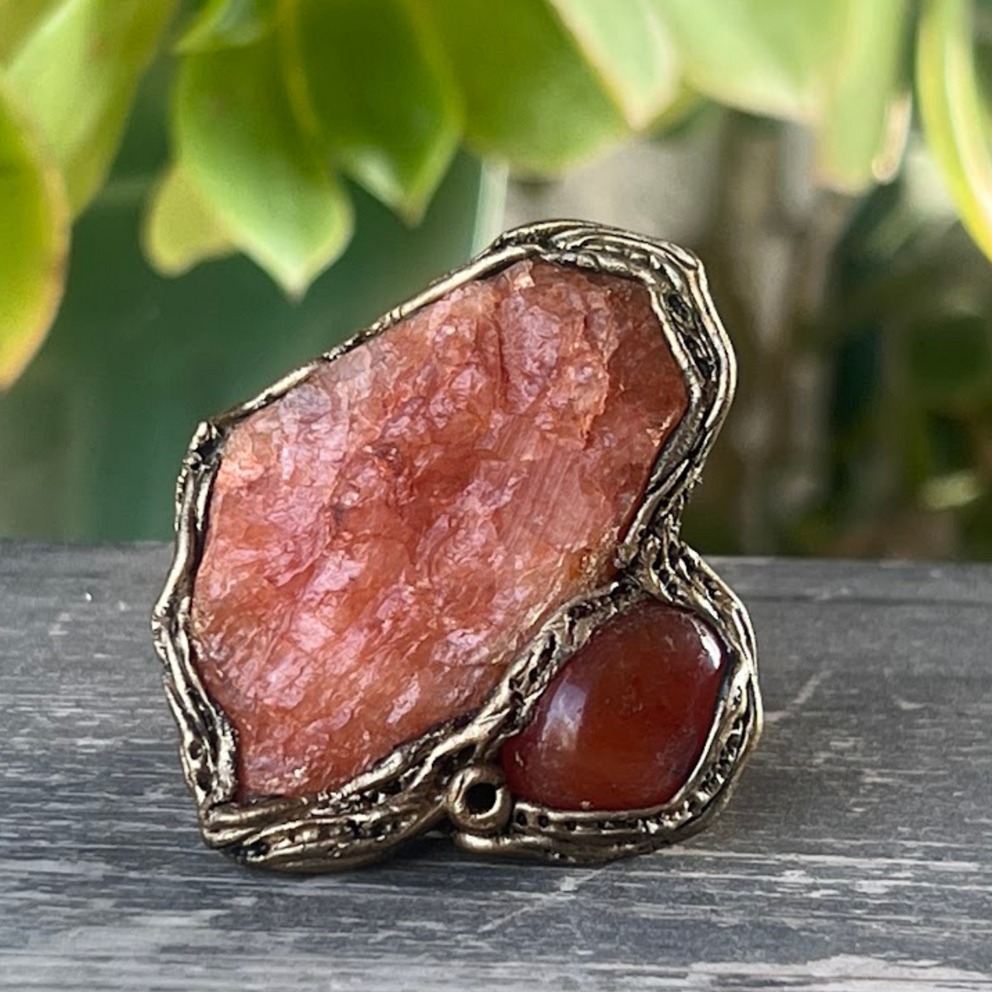 Orange Calcite & Carnelian Ring - Chunky Gemstone Jewelry