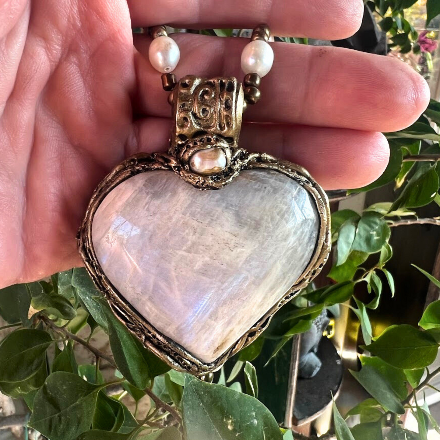 Rainbow Moonstone Large Heart Stone Pendant Necklace