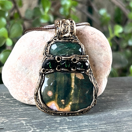 Jade and Green Ocean Jasper Healing Large Stone Necklace, Natural Blend of Serenity, Prosperity, and Balance