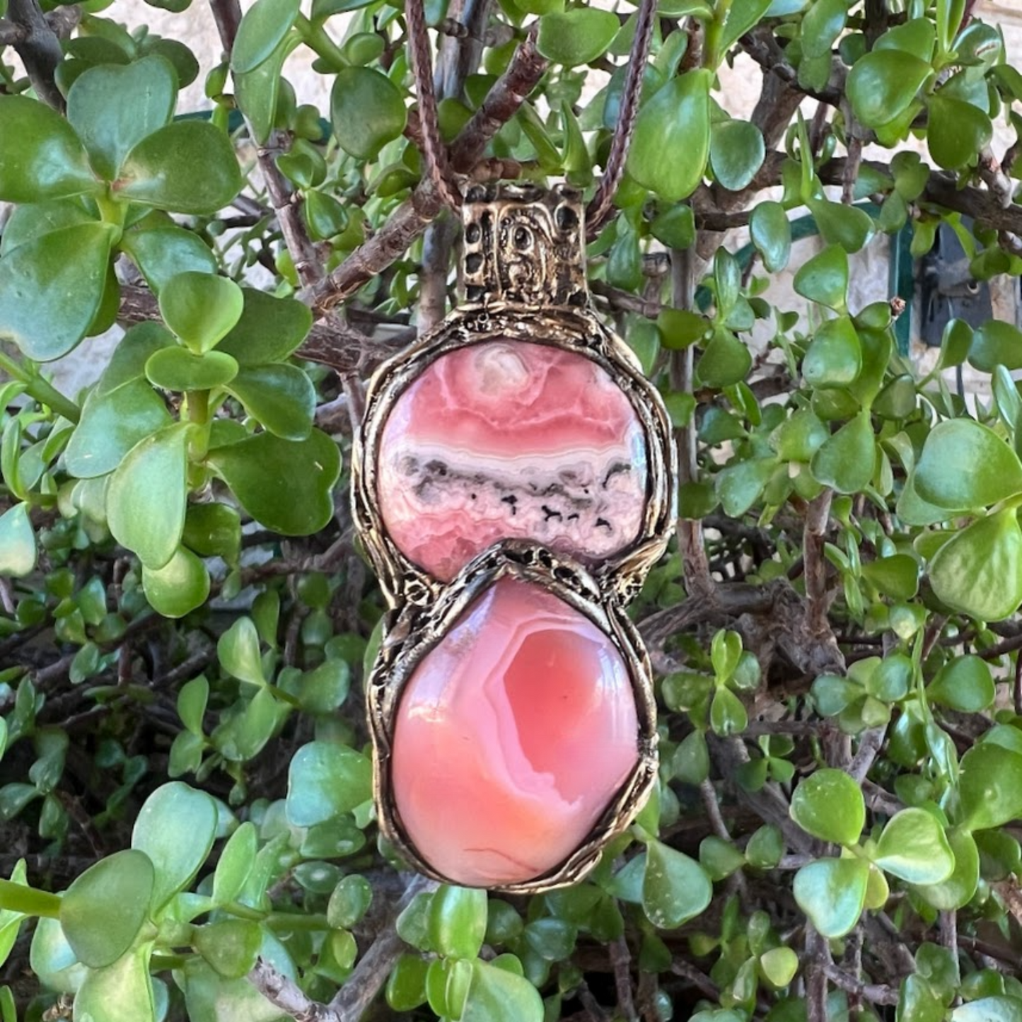 Rhodochrosite & Peach Agate Crystal Necklace - Chunky Pink Pendant, Love Amulet