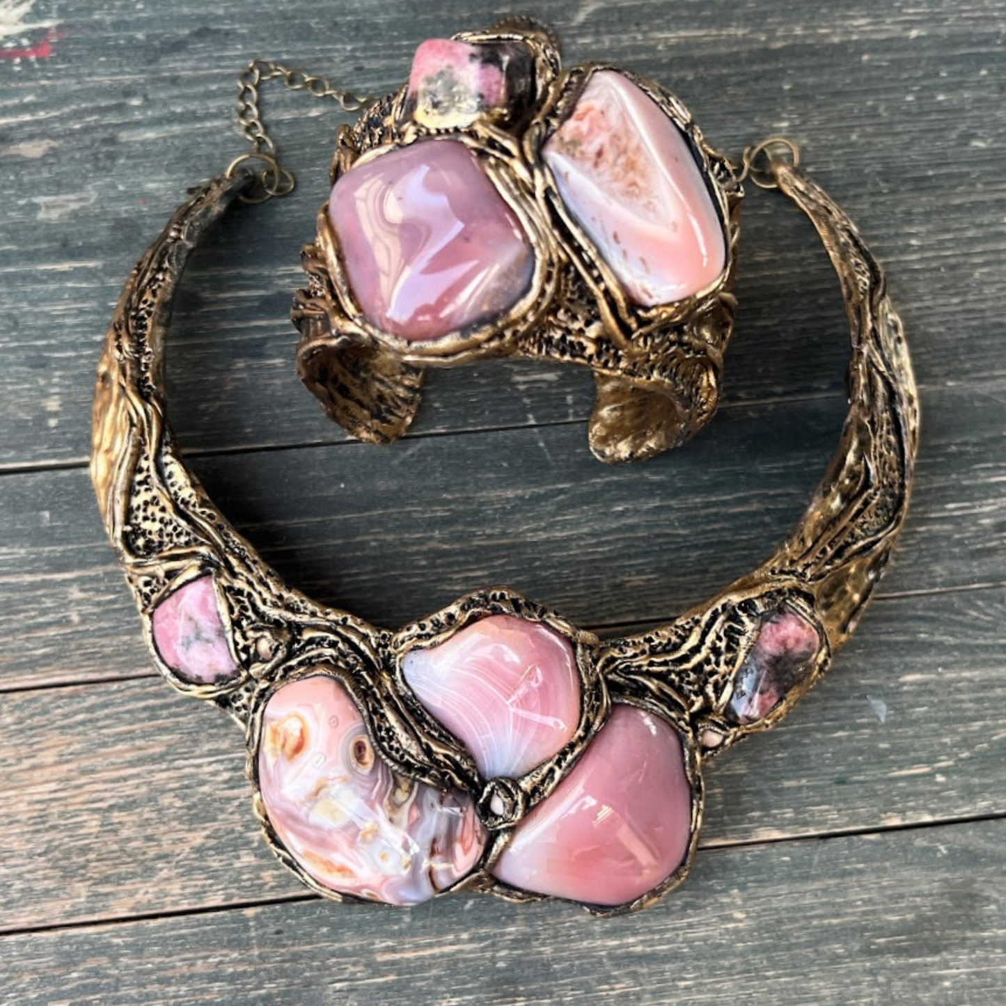 Botswana Agate and Rhodonite Pink gemstone cuff bracelet