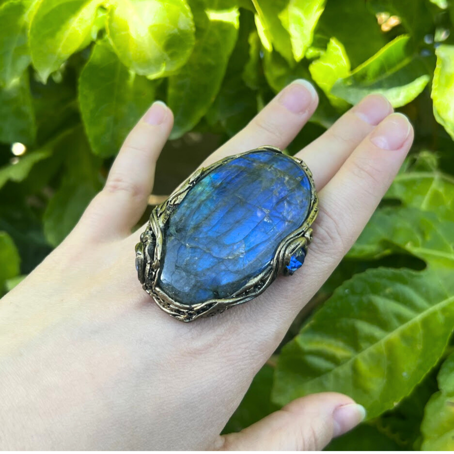 Blue Labradorite Large Stone Ring, Chunky Oversized Oval Cocktail Ring