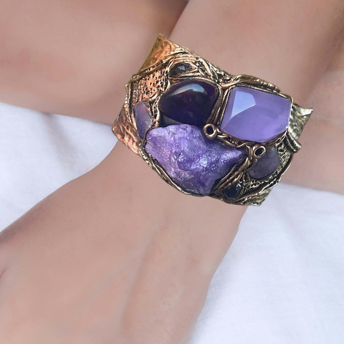 Purple Quartz, Agate & Chalcedony Wide Cuff Bracelet – Modern Statement Jewelry