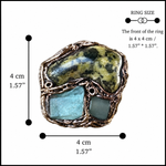 Oversized Serpentine, Fluorite and Green Aventurine statement ring with natural green stones in a handcrafted sculptural setting.