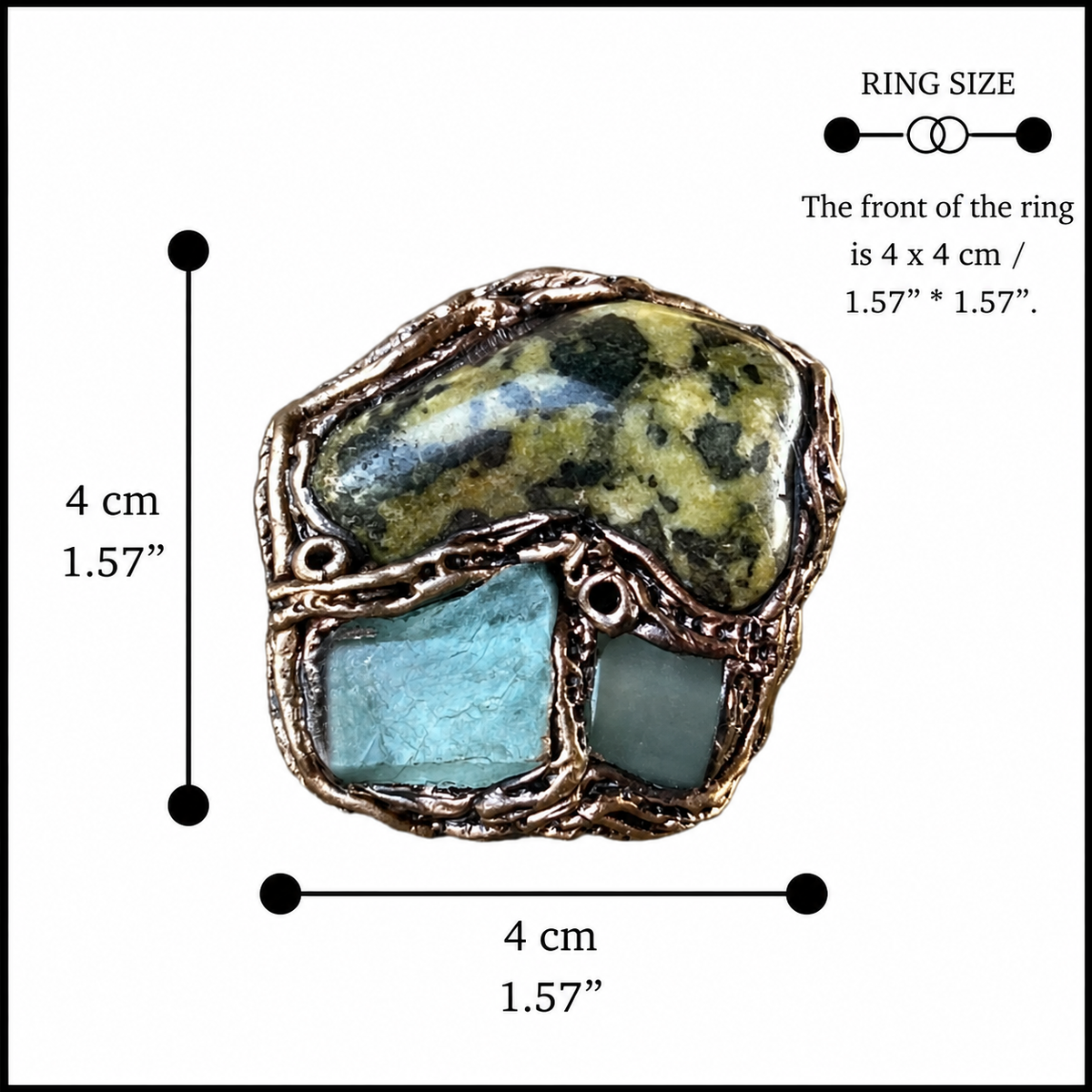 Oversized Serpentine, Fluorite and Green Aventurine statement ring with natural green stones in a handcrafted sculptural setting.