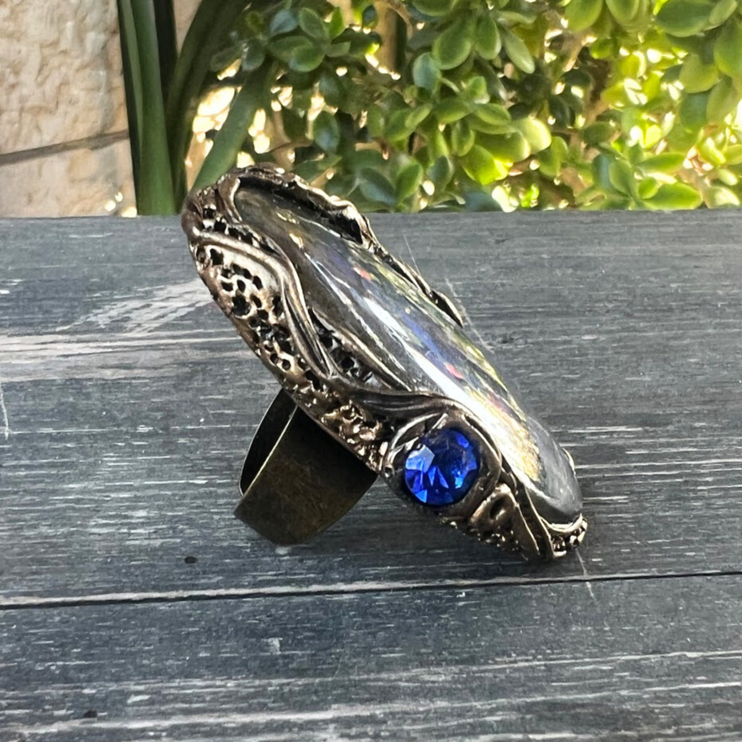 Blue Labradorite Large Stone Ring, Chunky Oversized Oval Cocktail Ring