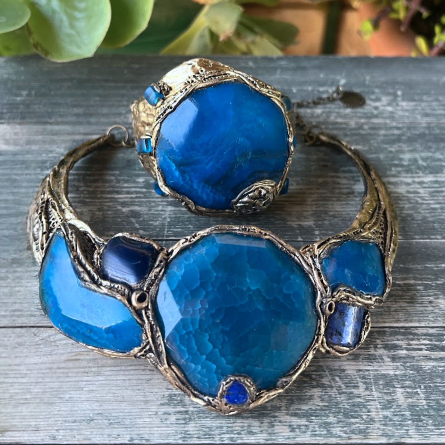 Blue Agate Chunky Cocktail Ring - Bold Gemstone Statement Jewelry