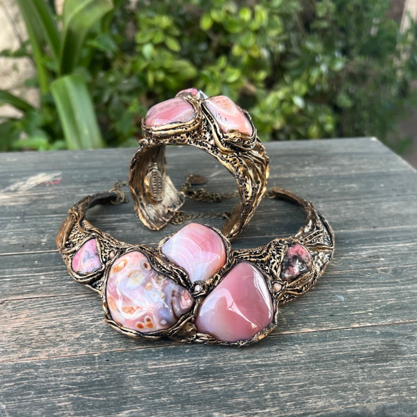 Botswana Agate and Rhodonite Pink gemstone cuff bracelet