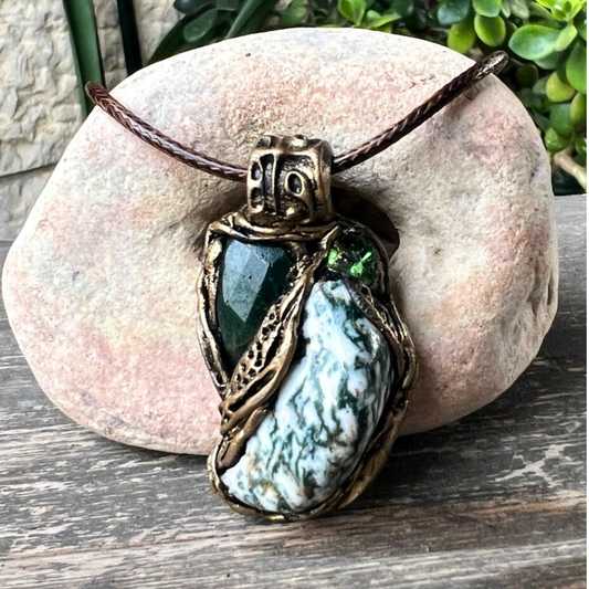 Tree Agate and Jade Pendant Necklace, Green Stone Amulet