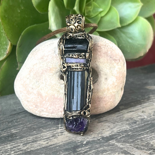 Empath Protection Amulet with Black Tourmaline & Amethyst Necklace - Spiritual Jewelry Gift