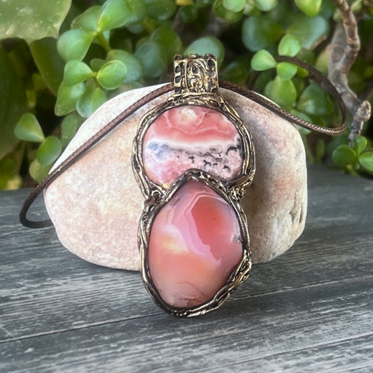 Rhodochrosite & Peach Agate Crystal Necklace - Chunky Pink Pendant, Love Amulet
